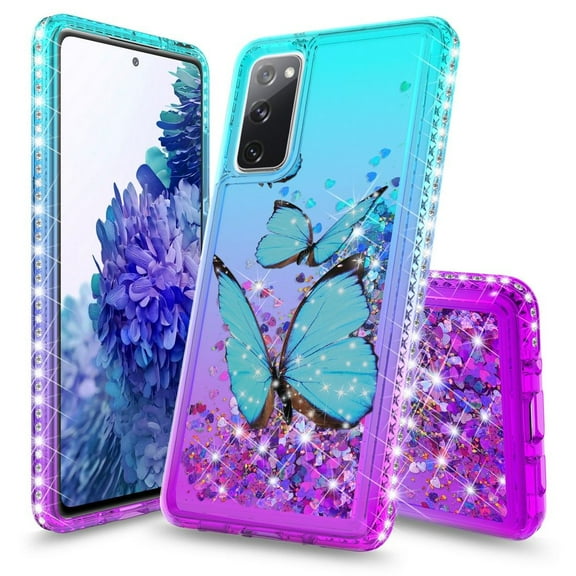 Bemz Liquid Quicksand Case for Samsung Galaxy S20 FE (with Touch Tool) - Blue Butterfly (Teal/Purple)