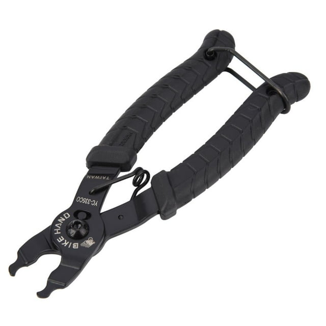 BIKE HAND Bicycle Open Close Chain Repair Removal Tool Bike Master Link Plier with buckle, made of durable black steel with ergonomic spring design and textured handles for grip. Ideal for detaching and installing master links on KMC chains, part of bike tool kits. Measures approximately 17cm in length and 6cm in width.