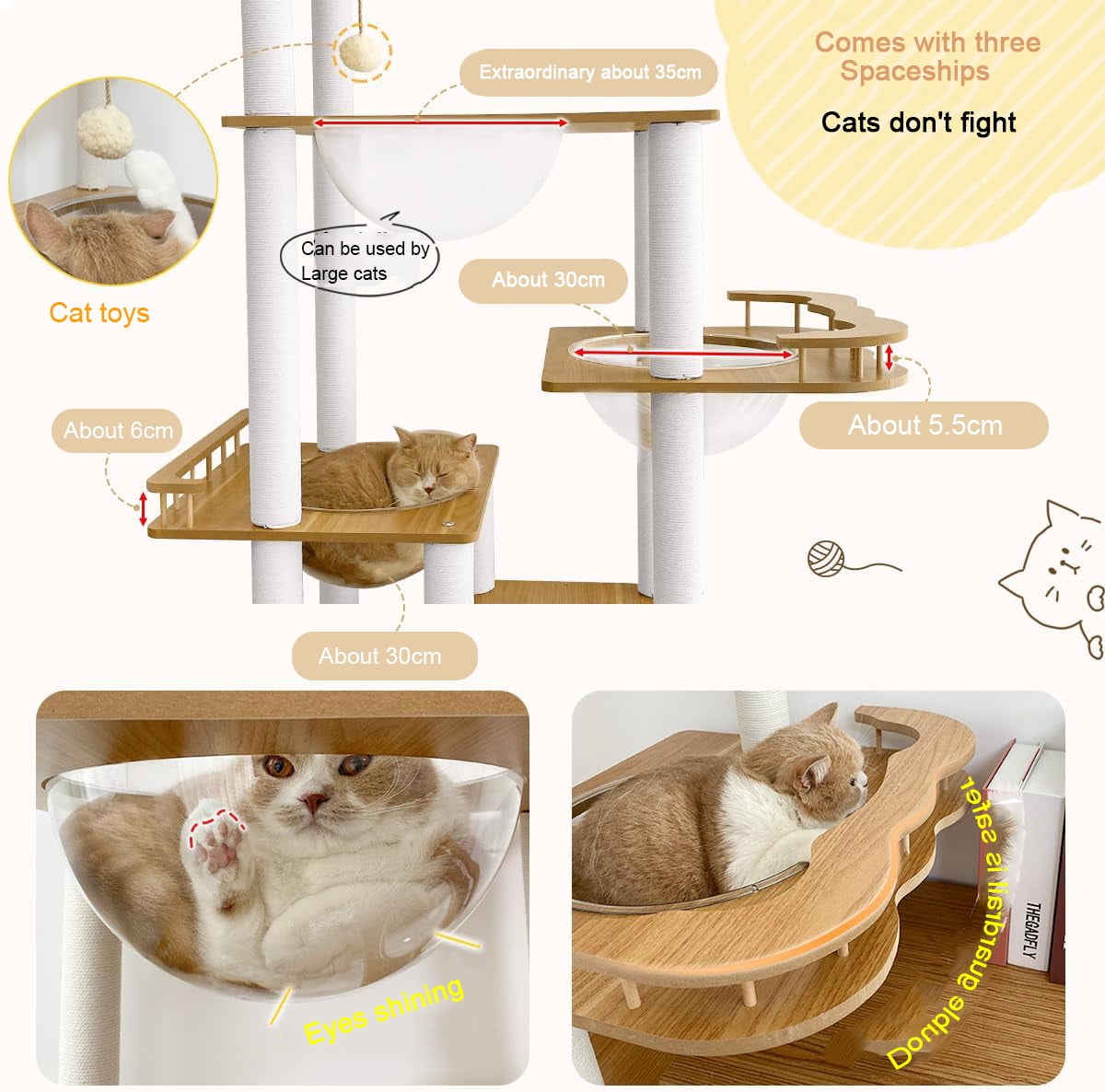 Mekidulu 73in Modern Wood Cat Tree Tower with 3 Space Capsules, 7-Level Indoor Condo, Natural