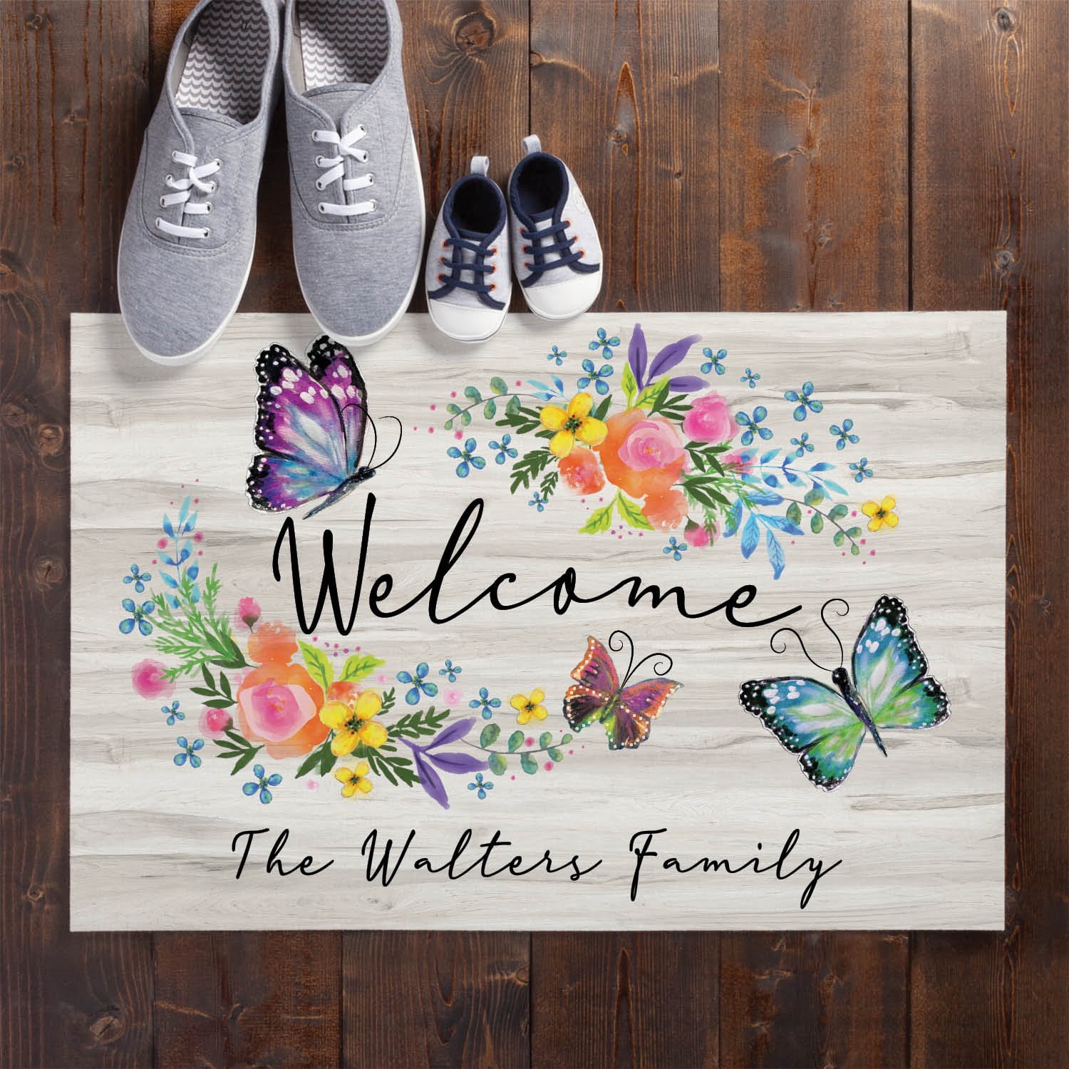 Personalized Planet 27x18 Butterfly Welcome Doormat with Custom Family Name Printed on Tan Rectangular 1/4” Thick Non Slip Mat for Kitchen Hallway Deck or Porch