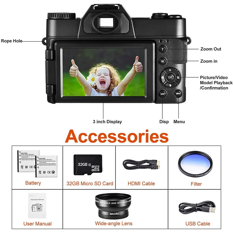 Digital Camera, Flip Screen Camcorder for Photography on YouTube, video with Wide-Angle Lens and Macro Lens, 32G Micro Card, Batteries,1 Filters(Black) - Walmart.com