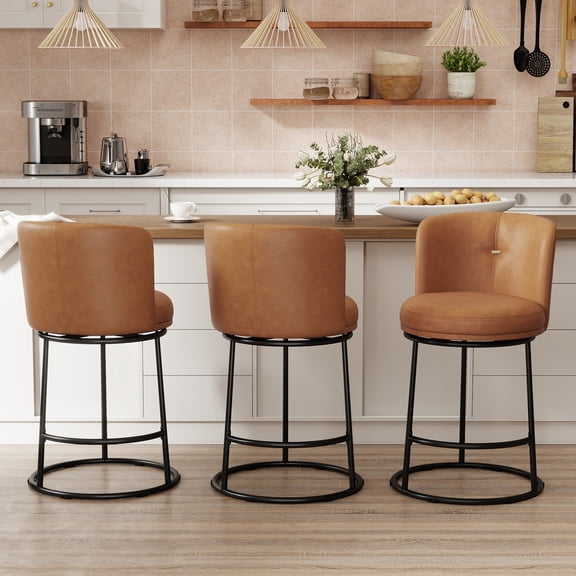 MultiHaven 25.8" Upholstered Swivel Bar Stool Set of 3,Counter Height Chair with Ergonomic Footrest for Kitchen Island - Brown PU Leather