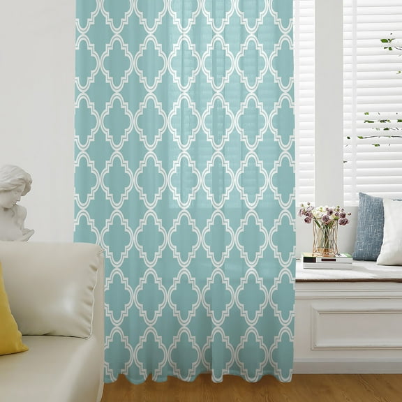 Quatrefoil Moroccan Pattern Semi Sheer Curtains Drapes for Living Room, Bedroom, French Doors Window 54 Inches Long, Geometric Aqua Morocco Rod Pocket Chiffon Curtain Drapery Voile Draperies Panel