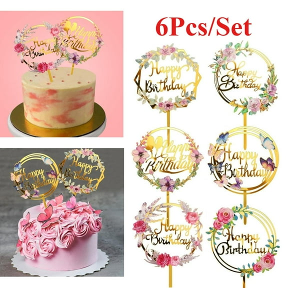 6 Pieces Happy Birthday Cake Toppers,gold Flower Acrylic Cupcake Cake Toppers For Various Birthday Party Anniversary Pastries Decorations,diy Hand Tools Kits,springtok