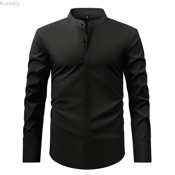 Kureaily Men's Retro Stand Collar Long Sleeve Stretch Shirt Comfortable Business Casual Formal Wear Stylish Top Short Sleeve Shirts