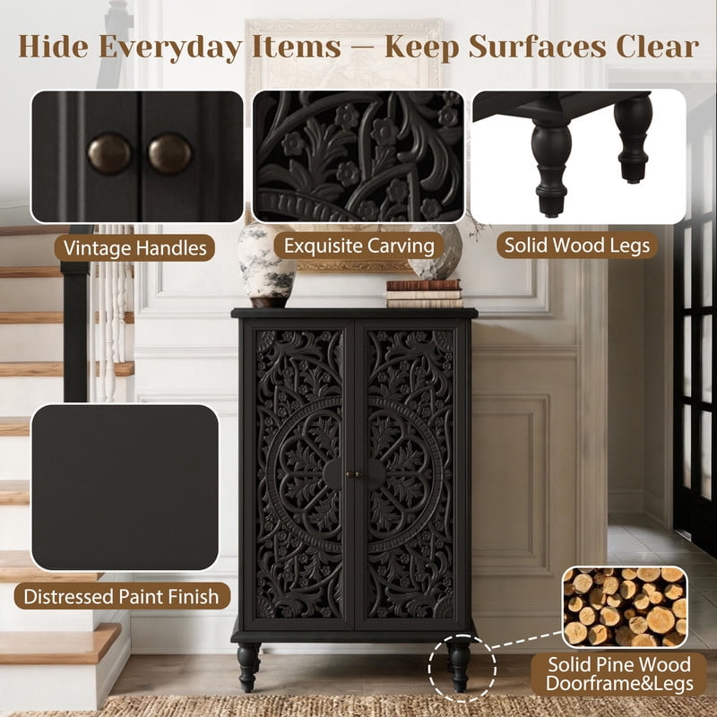 Freestanding Accent Storage Cabinet with Hollowed Out Carved Double Door, Farmhouse Display Buffet Chest with Adjustable Shelf