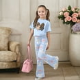 thumbnail image 2 of shoper Girls Summer Outfits Print Short Sleeve Tops and Flare Pants 2-Piece Set Crew Neck Loose Fit Two Piece Set for Children Preppy Clothes, 2 of 5