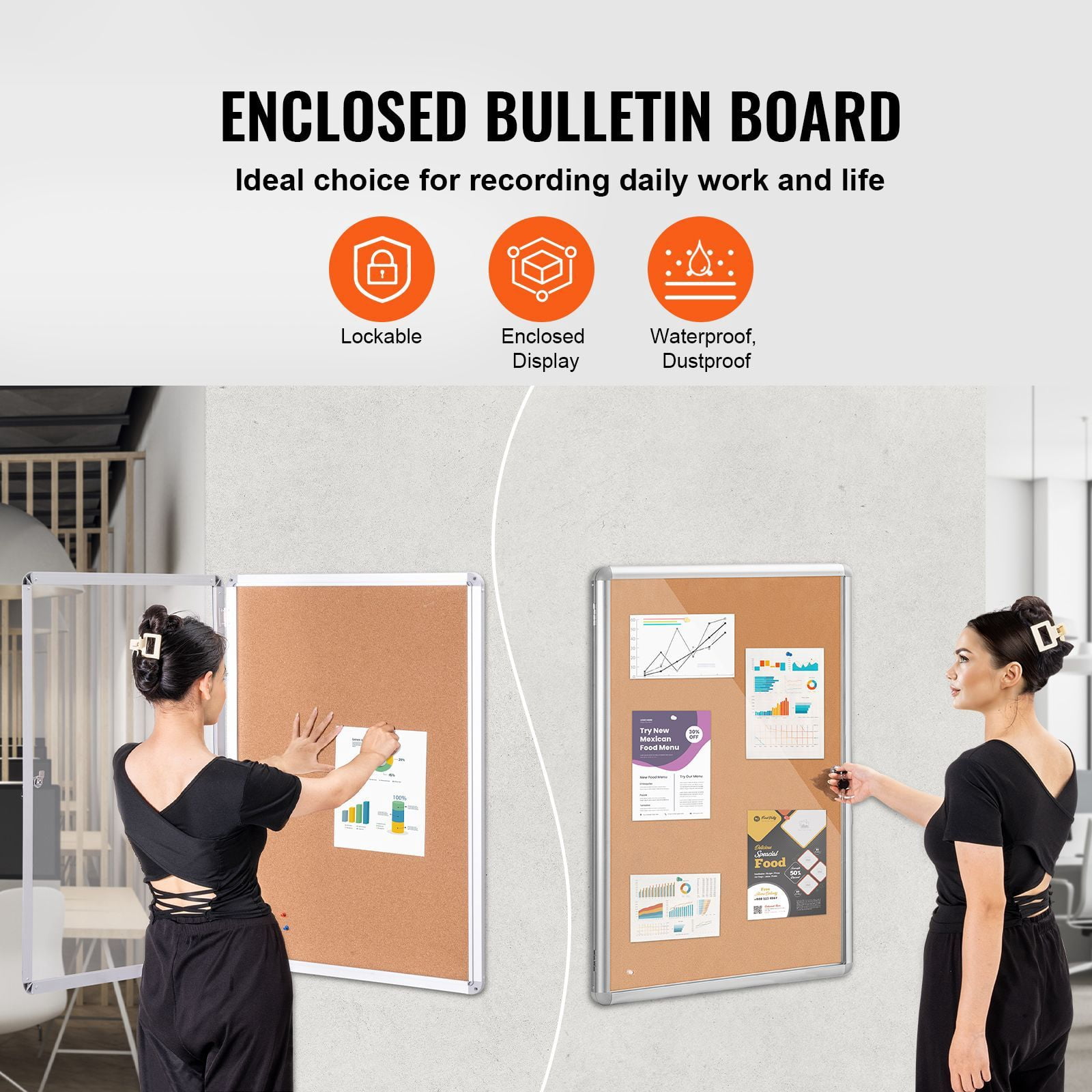 36X24 inch aluminum frame lockable weatherproof bulletin board with acrylic door, two keys, wall display cabinet, school home office