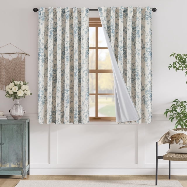 Cortina opaca Jinchan, mezcla de lino, cortinas opacas florales para sala de estar, 63 pulgadas de largo, estampadas en azul con cortinas opacas forradas para dormitorio, granja, juego de 2 paneles