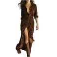 thumbnail image 2 of PFRNLF Womens Velvet Dresses Button V Neck Long Sleeve Maxi Dress A-Line Ruched Flowy Dress with Belt, 2 of 8