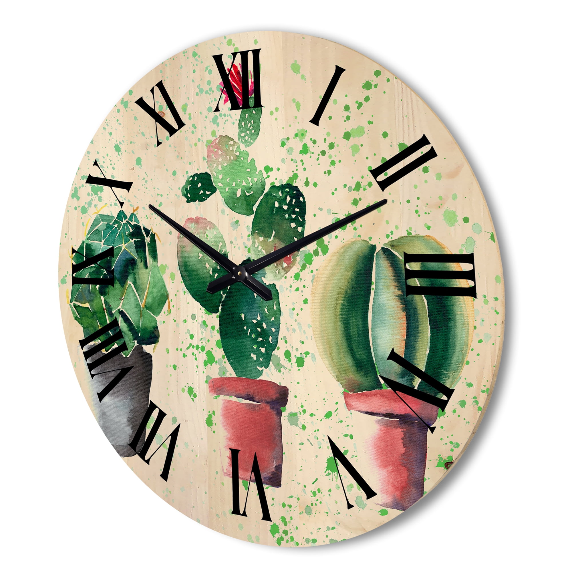 Designart 'Three Cacti In Clay Pots With Green Dots' Traditional Wood Wall Clock