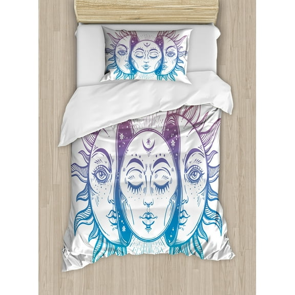Moon Duvet Cover Set, Psychedelic Representation Heavenly Bodies Faces Eastern Oriental Inspired Image, Decorative 2 Piece Bedding Set with 1 Pillow Shams, Twin Size, Lilac Blue White, by Ambesonne