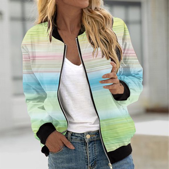 Hvyesh Bomber Jacket Women Causal Tie Dye Print Zip Up Coats Long Sleeve Stand Collar Fall Jackets Lightweight Outerwear Tops Green