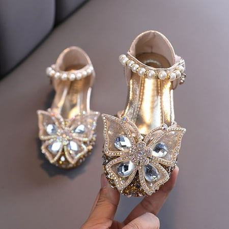 

CHAOLEI Girls Butterfly Dress Flats | Mary Jane Ballerinas with Rhinestones and Sequin -Gold 4-4.5Years