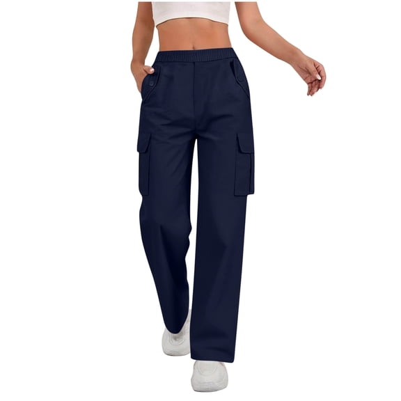 Ecqkame Womens Cargo Pants Solid Color High Waist Straight Leg Trousers Casual Baggy Trendy Pant with Multiple Pockets Navy XL