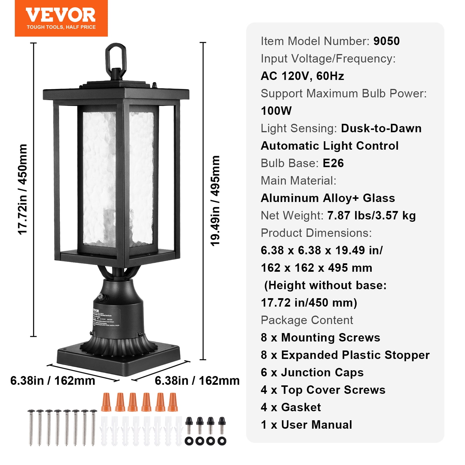 VEVOR 2 Pack Dusk to Dawn Outdoor Post Light, 17.72 in, Waterproof Lamp Post Light Fixtures with 3.5 in Pier Mount Base Glass Shade, Lightning-proof Exterior Pole Column Light