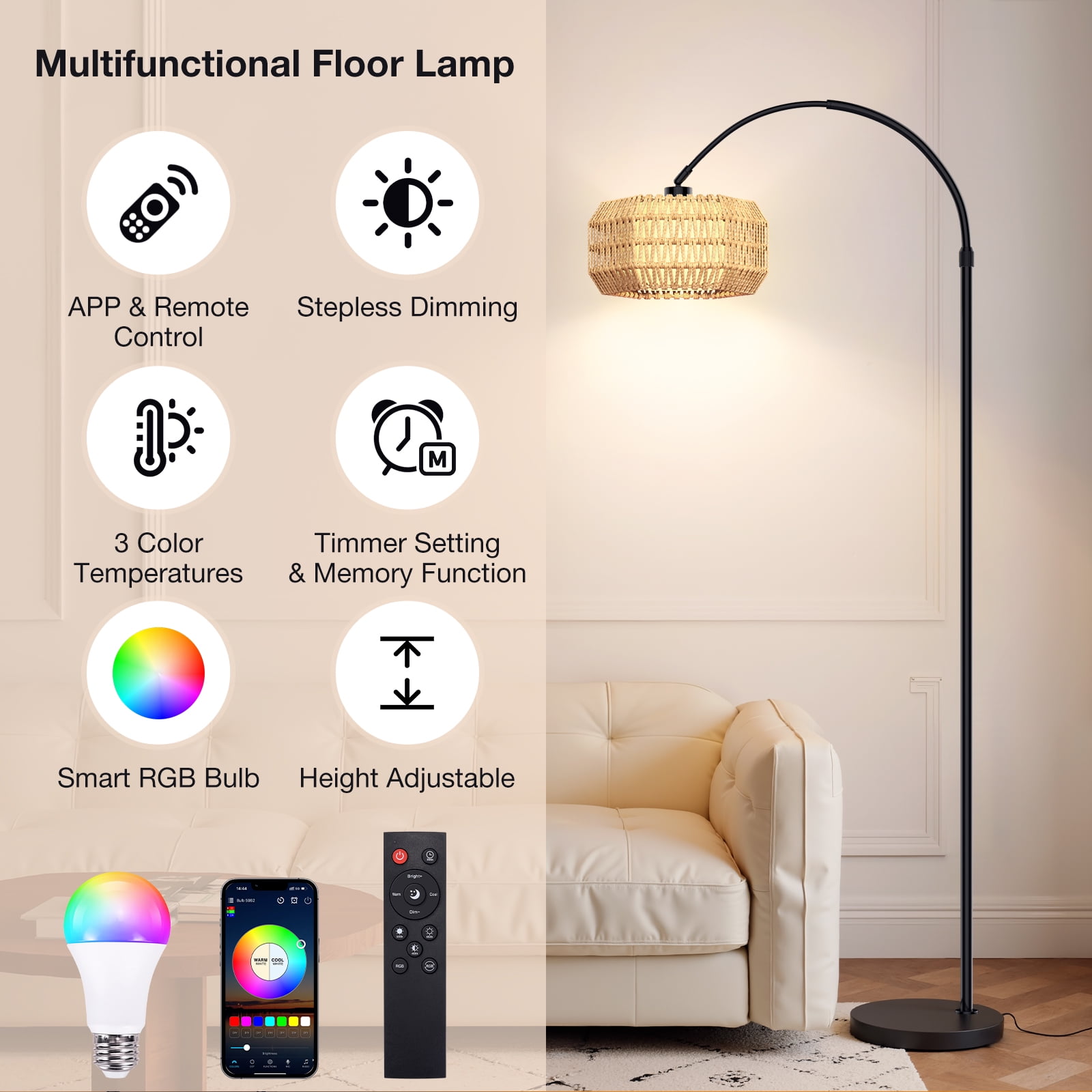 BLITZWILL Arc Floor Lamp 71‘’ Height Adjustable, with Remote Control &Smart APP Standing Lamps, RGB Bulb,Dimmable, for Living Room Bedroom Office Corner