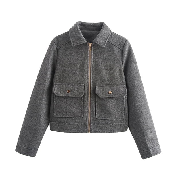 Chaqueta gris de lana más cálida para otoño y primavera, abrigo informal básico con bolsillo y cremallera para mujer, ropa de abrigo suave de manga larga para invierno, 6 colores