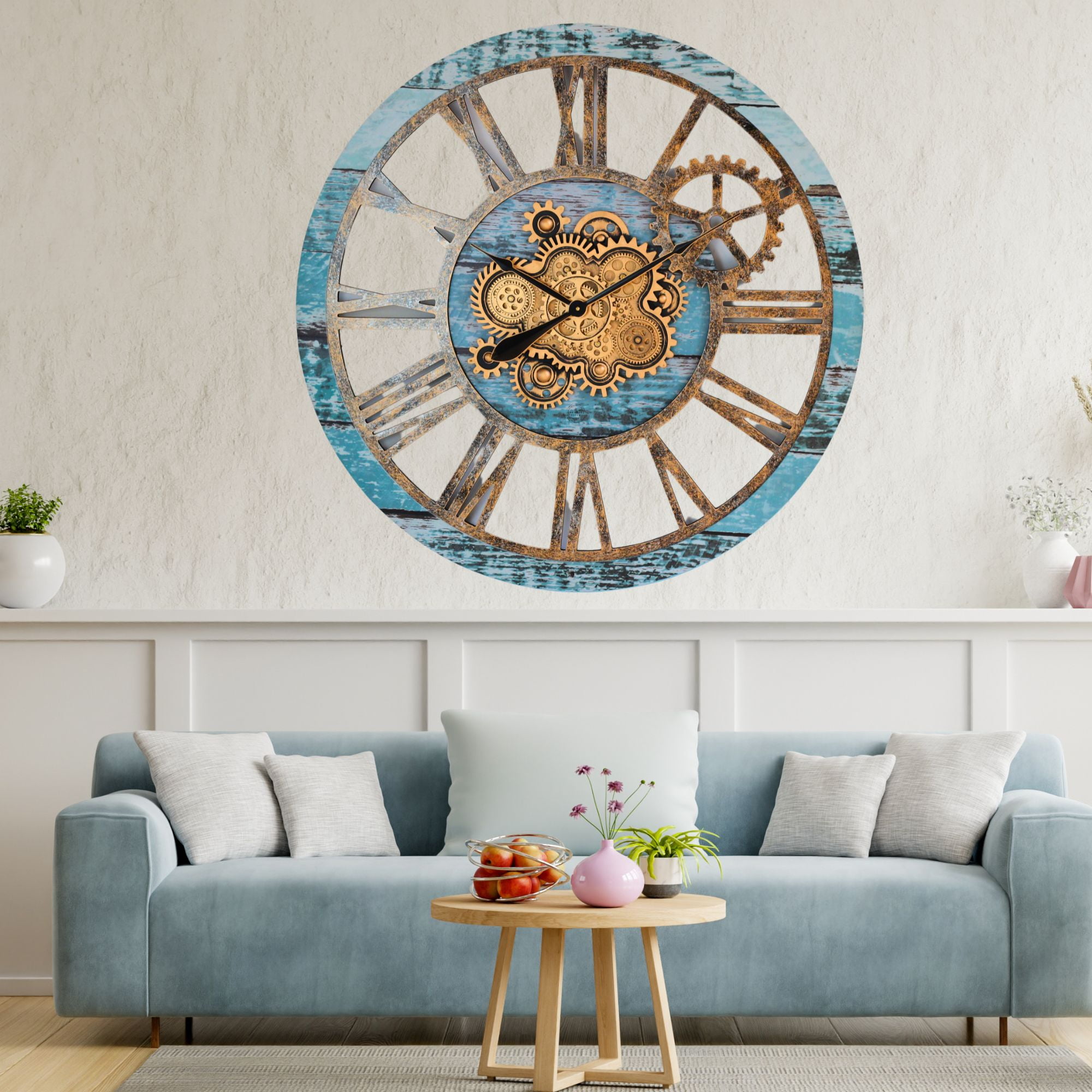THE GEARS CLOCK Wall Clock with Real Moving Gears AM-LI_ 36 in Round Aqua-Green