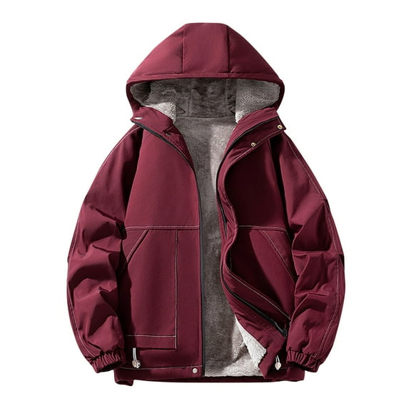 DODADAWANJ Winter Jacket for Men Fleece Lined Thermal Coats Big and Tall Windproof Jackets Zip Up with Hood Insulated Coat Snow Hiking Hoodie Wine XL