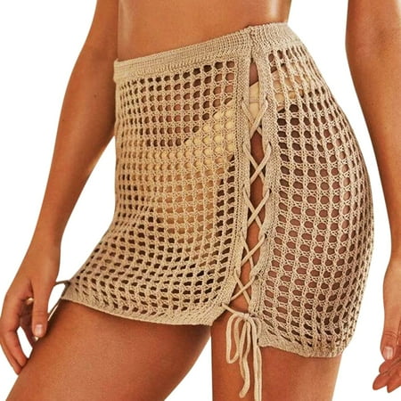 MSJUHEG Sarong Coverups for Women Beach Cover Up Wrap Skirts for Women Cover Up Skirt Swim Skirt Cover Up Summer Two Piece Sexy Bikini Striped Bandage Swimwear Swimsuit Khaki L
