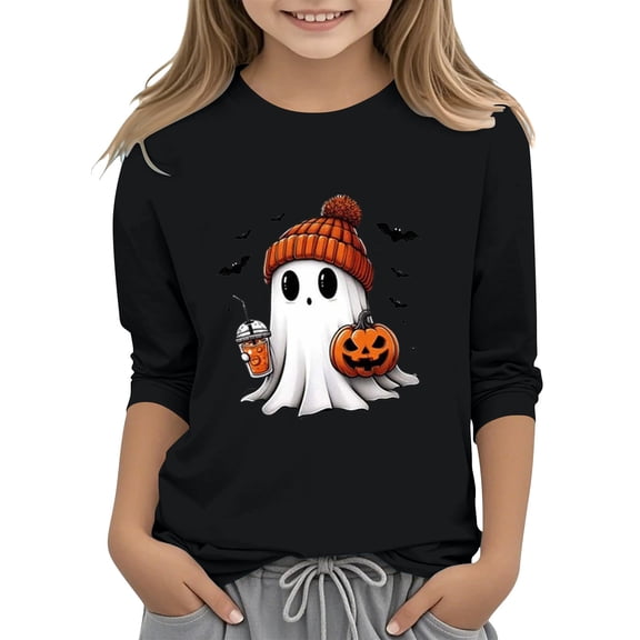 YunPes Children's Girls' Casual Halloween 2D Printed Round Neck Three Quarter Sleeve T Shirt Top Monogram Top