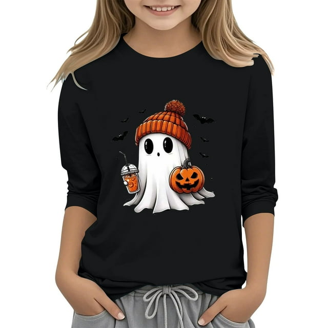 XQYLOS T-Shirt Mignon Festif pour Filles, Haut Décontracté pour Enfants, Imprimé 2D Halloween, Col Rond, Manches Trois-Quarts, Automne Mode