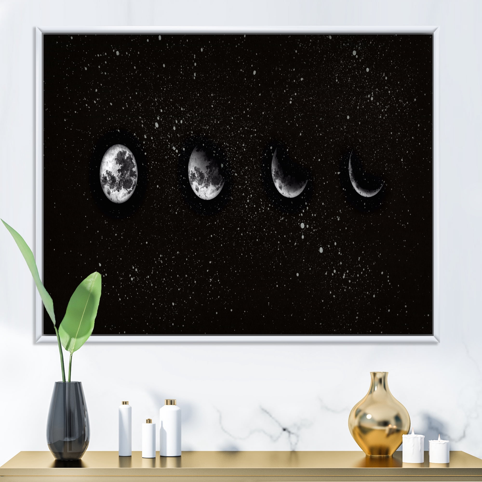 Designart 'The Night Sky With Moon Phases' Modern Framed Canvas Wall Art Print