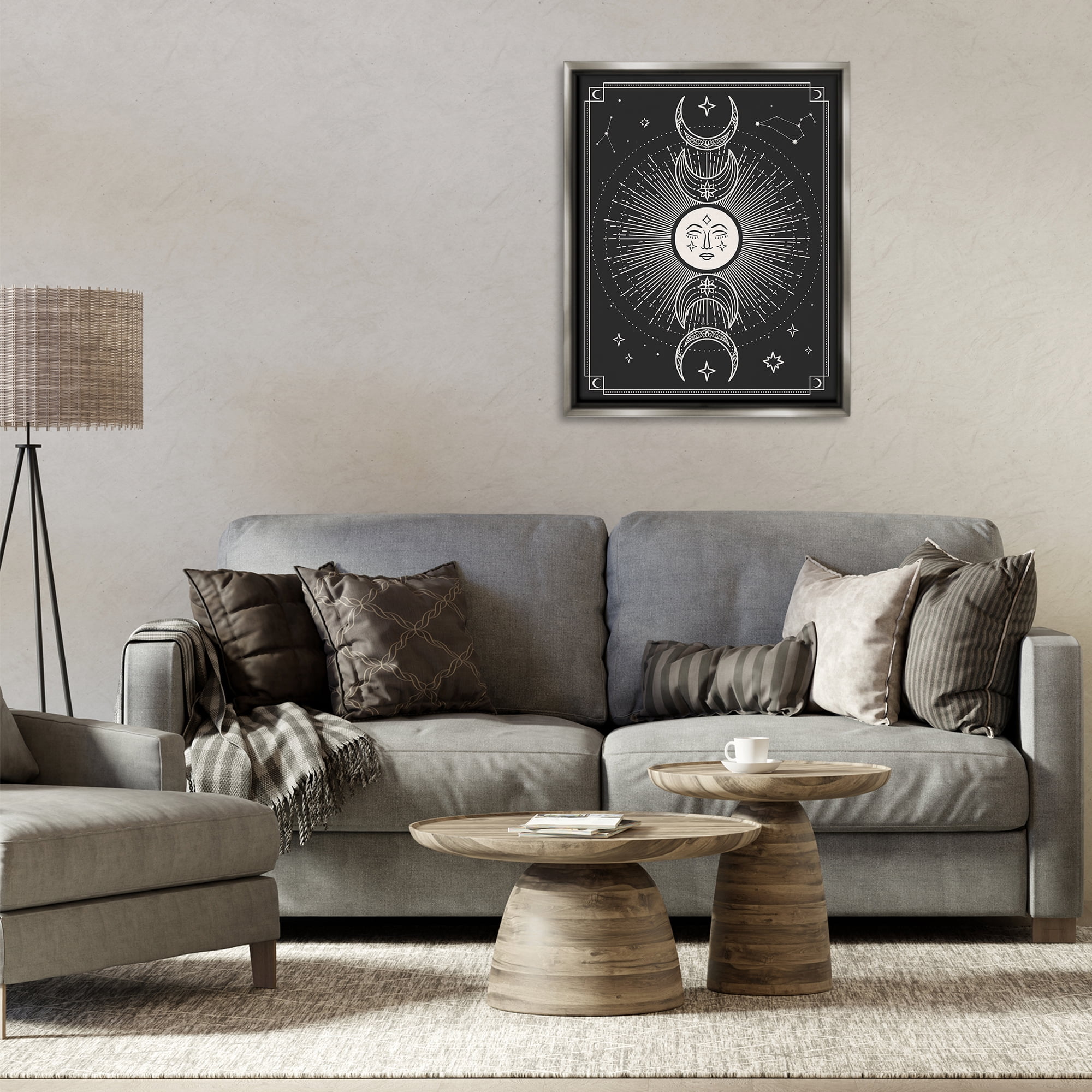 Stupell Industries Moon Cycle Pattern Astrology & Stars Painting Gray Floater Framed Canvas Art Print Wall Art, 25 x 31