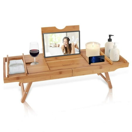 Bath Tub Replacement Shower - SereneLife SLBCAD50 Natural Bamboo Bathtub Caddy - Shower Tub Caddy Tray with Adjustable Length