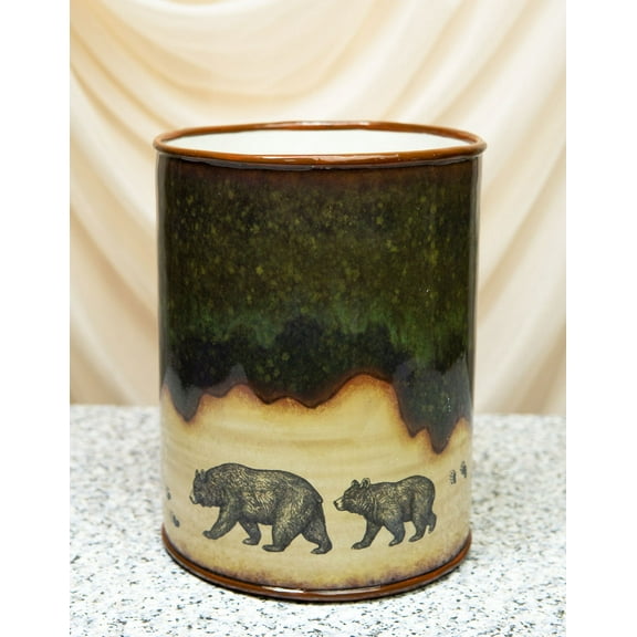 Country Rustic Forest Mama Bear And Cub Family Pawprint Trail Waste Basket Bin