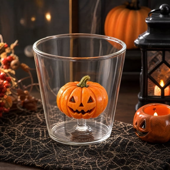 Halloween Pumpkin Inside Glass Tumbler 3.7 Inch, Clear Embedded Pumpkin Cup with Orange Accent, Spooky Drinkware for Party Table Decor