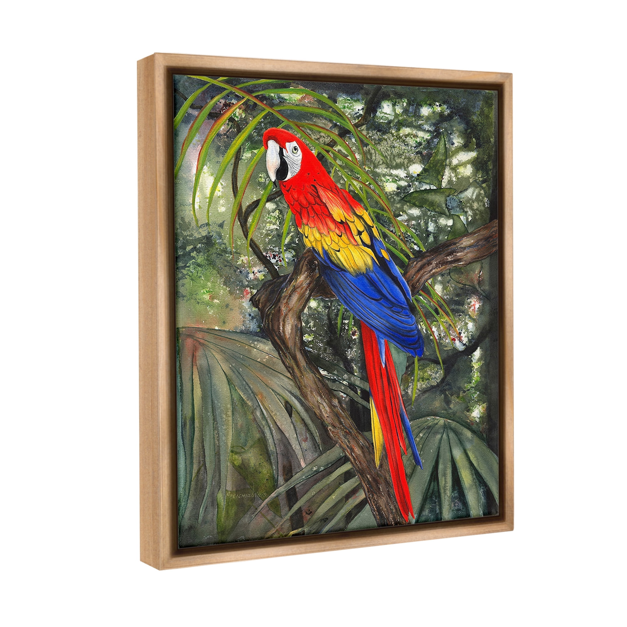 Stupell Industries Parrot Among Branches Animals & Insects Painting Brown Floater Framed Canvas Art Print Wall Art, 17 x 21