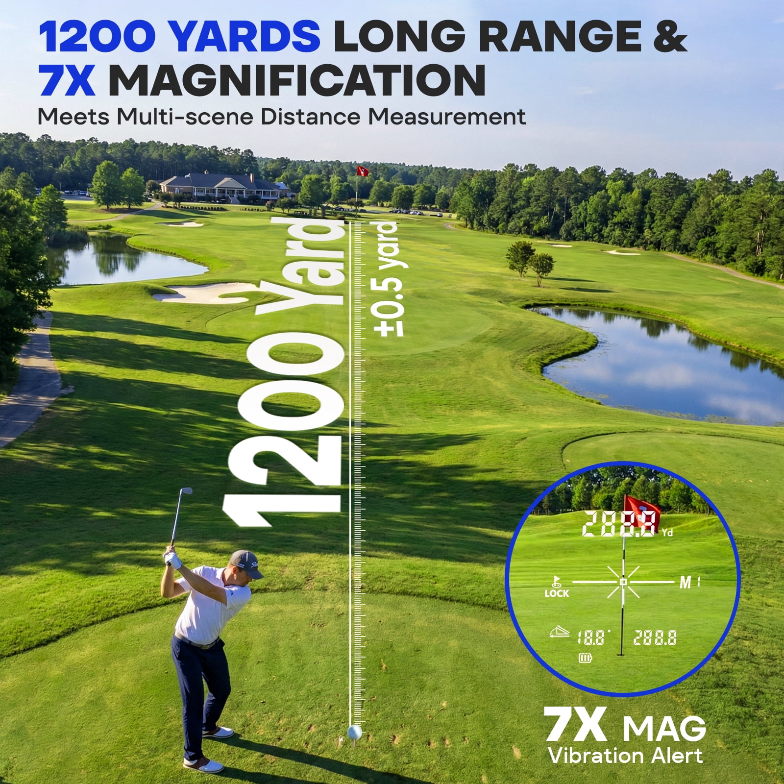 Golf Rangefinder with Slope, 1200 Yards Range Finder for Golf/Huntingm7X Magnification with Flag Pole Locking Vibration, Golf Gifts Pcs