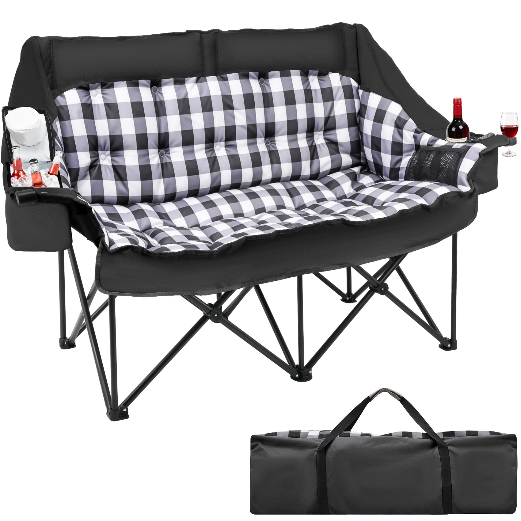 DKMOCO Oversized Padded Double Camping Chair Heavy Duty Folding Loveseat Supports up to 800 lb, 2 Person Outdoor Lawn Chair Set for Beach Camp Patio with Cooler Bags and Storage Bag