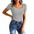 thumbnail image 2 of Dwralegc Women's Short Sleeve Square Neck Tops Solid Square Neck Basic Slim Fit Clothes Casual Fall T Shirt Fashion Blouse Light Gray M, 2 of 4
