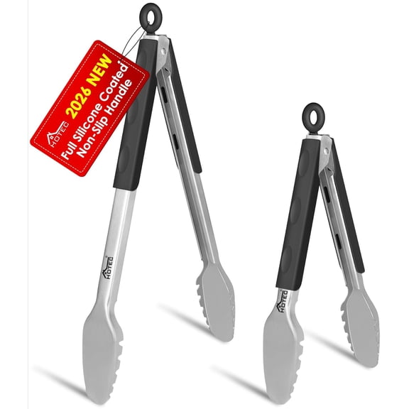 BIBEARBIBEAR Stainless Steel Kitchen Tongs, Set of 2-9" and 12", Locking Metal Food Tongs for Cooking, Serving, BBQ, Grill Non-Slip Grip