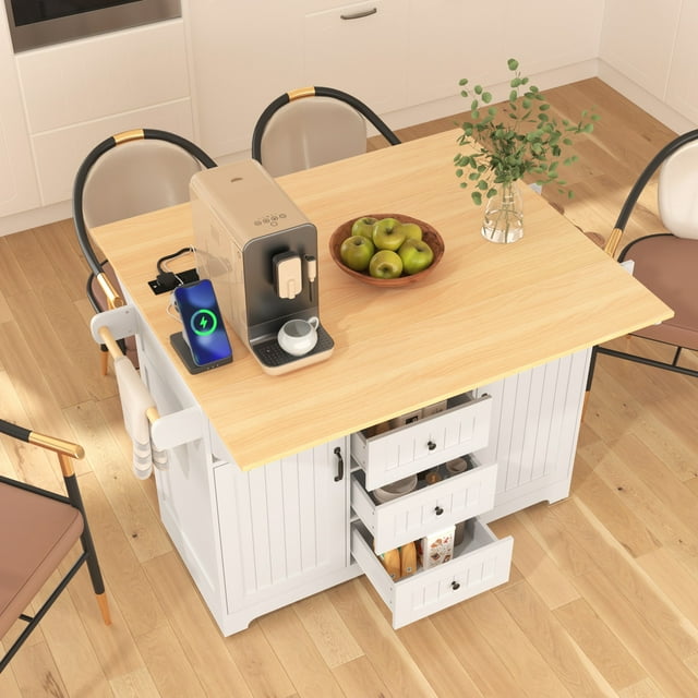 Chariot Îlot de Cuisine Grand de 55,7 Po avec 2 Rallonges Rabattables, Chariot de Cuisine Roulant sur 5 Roues avec Prise de Courant, Table de Salle à Manger Pliante de Rangement pour Cuisine, Salle à Manger, Blanc