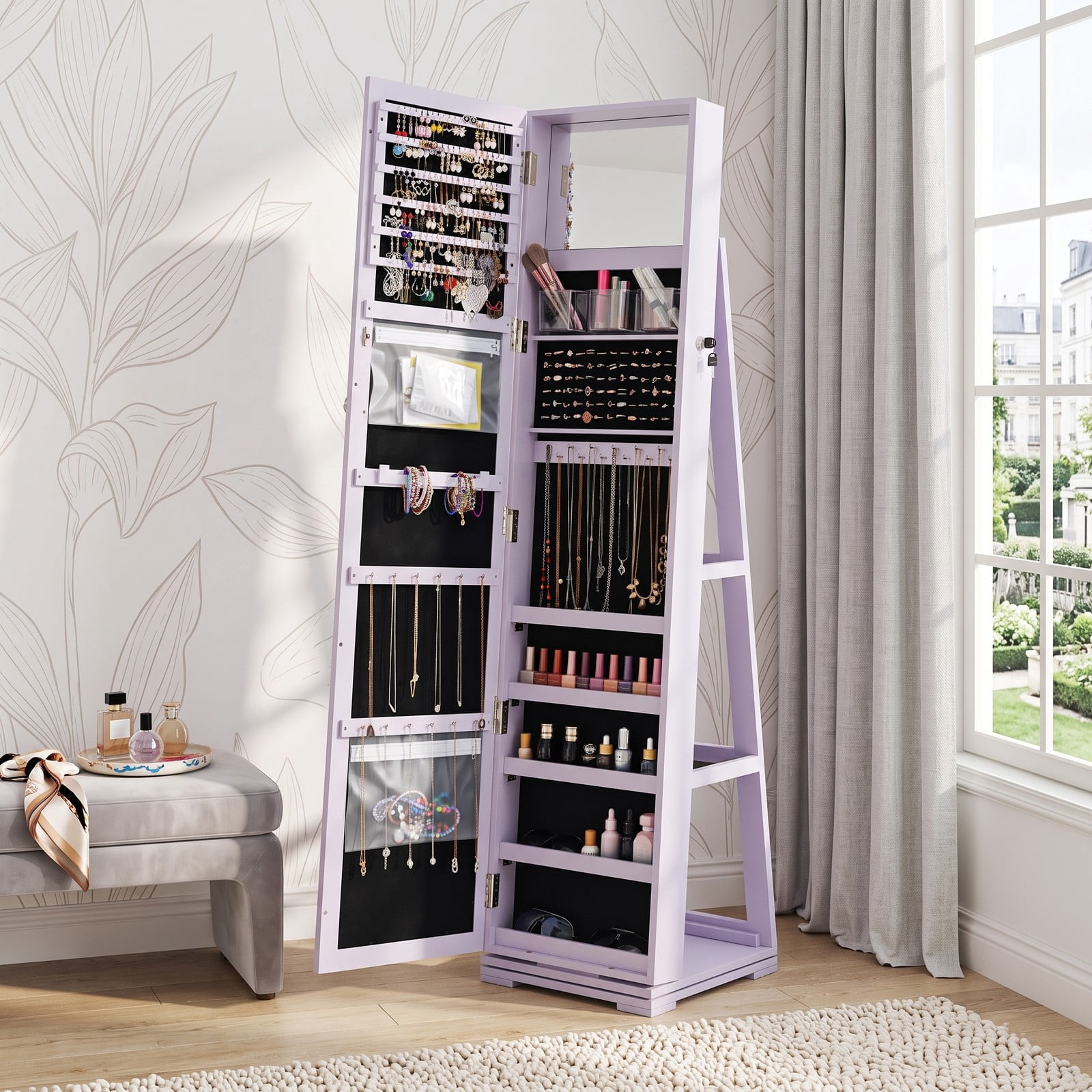 Furnibear 360 Degree Rotatable Freestanding Lockable Jewelry Cabinet with Full-Length Mirror and 100 Earring Slots for Bedroom, Purple