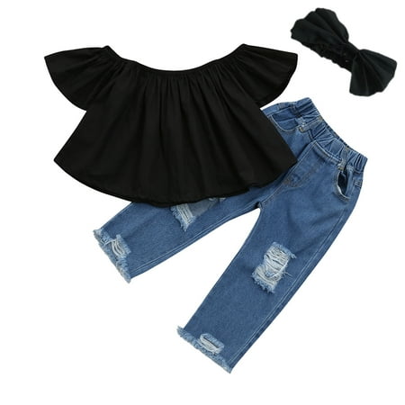 

simu Valentines Day Girls Outfits Toddler Girls Outfit Short Sleeves Soild Prints Tops Jeans Pants Hairband 3pcs Set Outfits for Birthday Wedding