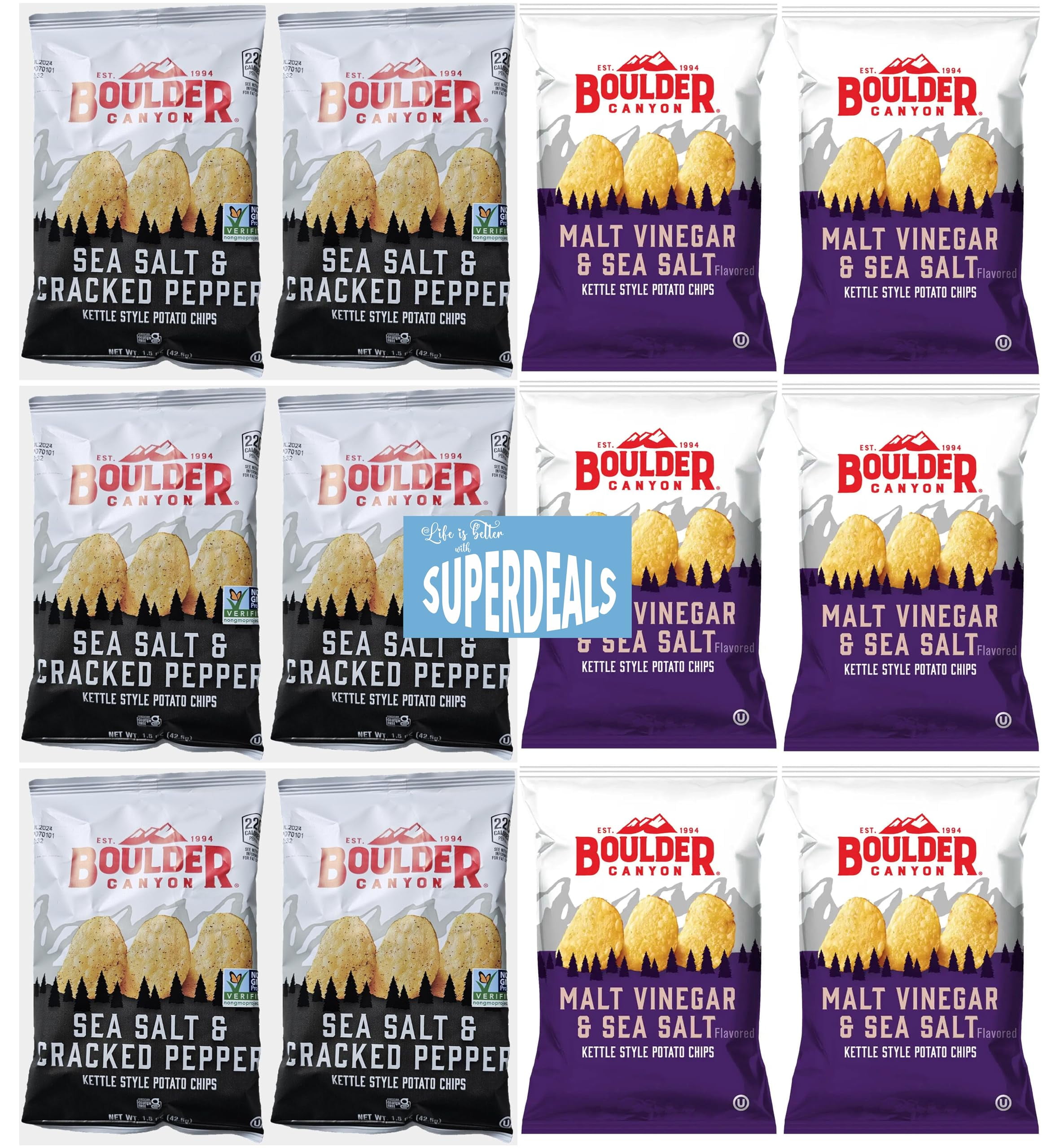 Boulder Canyon |Variety 12 Pack | 6 Sea Salt & Cracked Pepper, 6 Malt Vinegar & Sea Salt | Kettle Style Potato Chips| 1.5 Ounce | Pack of 12 Bundled by SUPERDEALS with Mystery Gift
