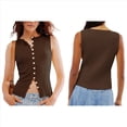 thumbnail image 3 of Camiseta Sin Mangas de Verano para Mujer, de Punto, con Cuello Redondo, Botones Delanteros y Canalé, Ajustada, Sin Mangas, Color Café, Talla L, 3 of 7