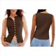 thumbnail image 3 of Camiseta Sin Mangas de Verano para Mujer, de Punto, con Cuello Redondo, Botones Delanteros y Canalé, Ajustada, Sin Mangas, Color Café, Talla M, 3 of 7