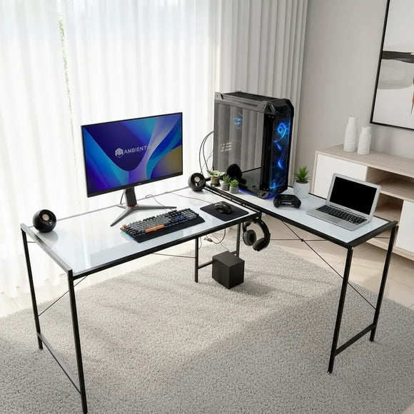 Escritorio Gamer Modelo Lb 160x118 Cm Forma L Grande Moderno Color Blanco / Gris Claro
