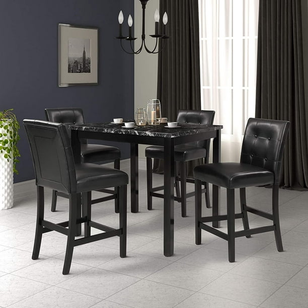 Counter Height Dining Set For 4 Faux Marble Top Dining Table Sets With 4 Pu Leather