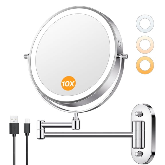 Behome Wall Mounted Lighted Makeup Mirror, 8" Rechargeable Double Sided 1X/10X Magnifying Mirror, 360°Rotation & 3 Color Lights Touch Screen Dimmable Vanity Mirror