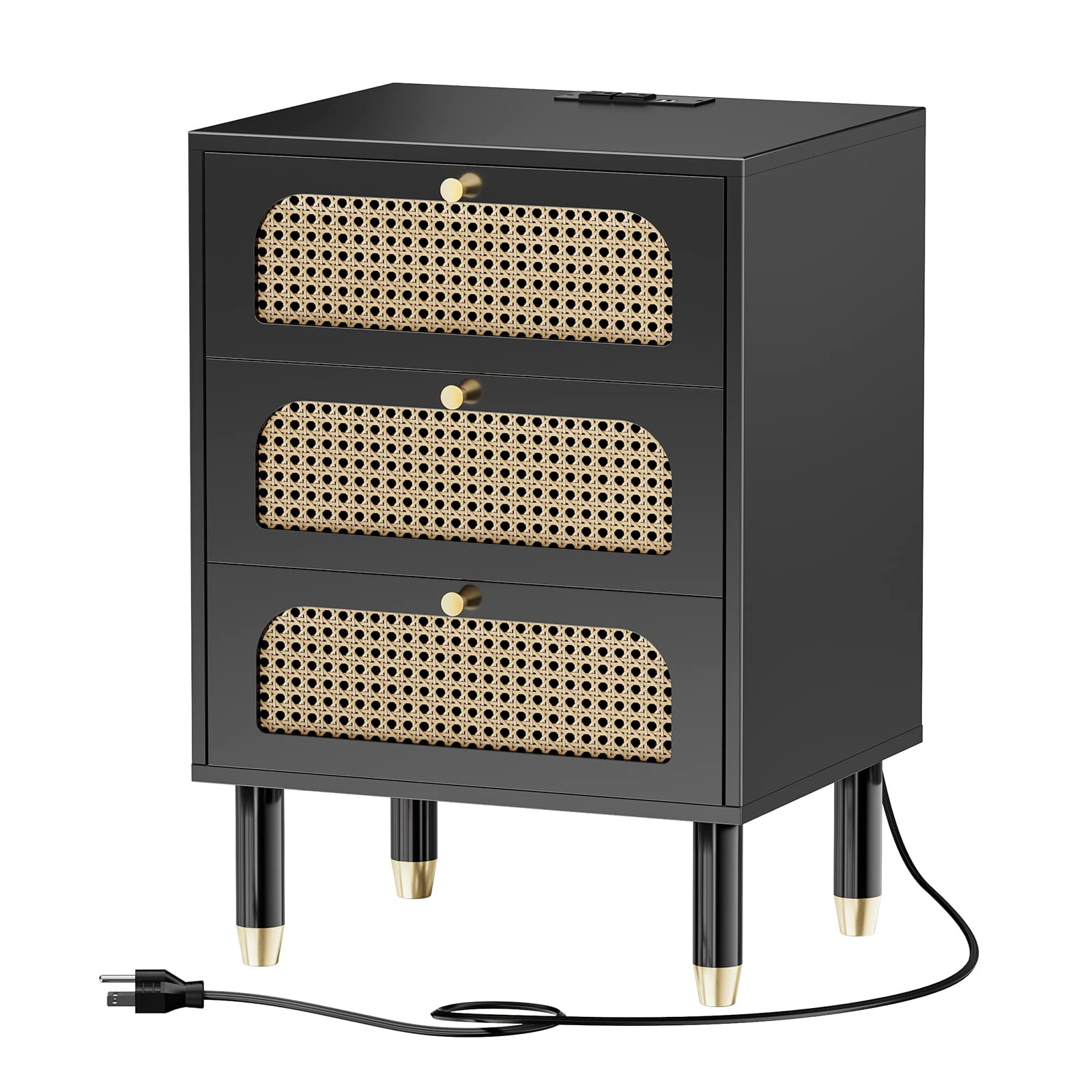 Ktaxon Nightstand Rattan Bedroom Bedside Table Mid Century Modern Nightstand Boho Side Table Wicker Nightstand with Charging Station Black