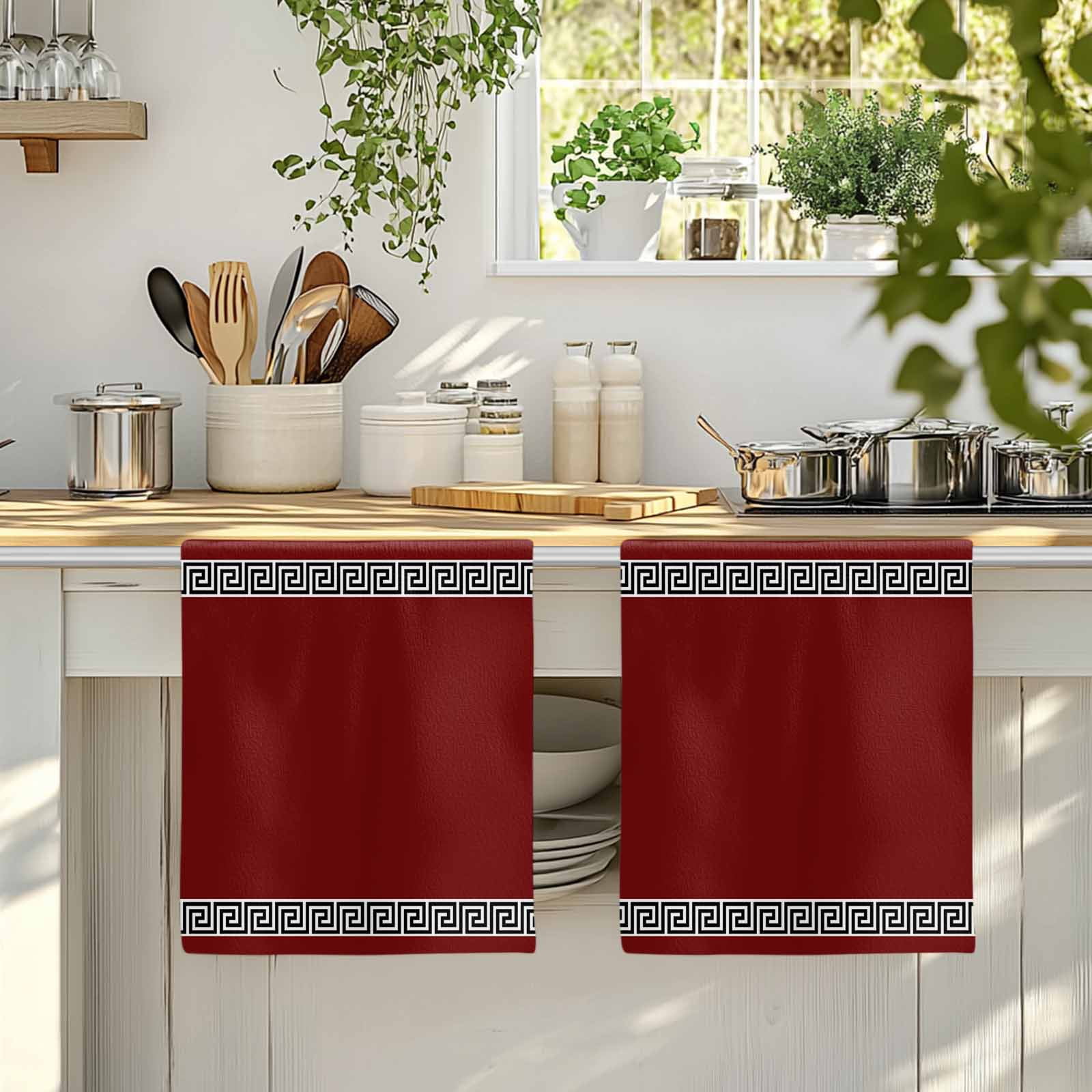 Dish Towels, Geometric Greek Key Design Absorbent Kitchen Towels 2 PCS, Red Microfiber Hand Towels Dish Cloths Tea Towels for Home&nbsp;Bathroom Cleaning Drying,18X28-Inch,