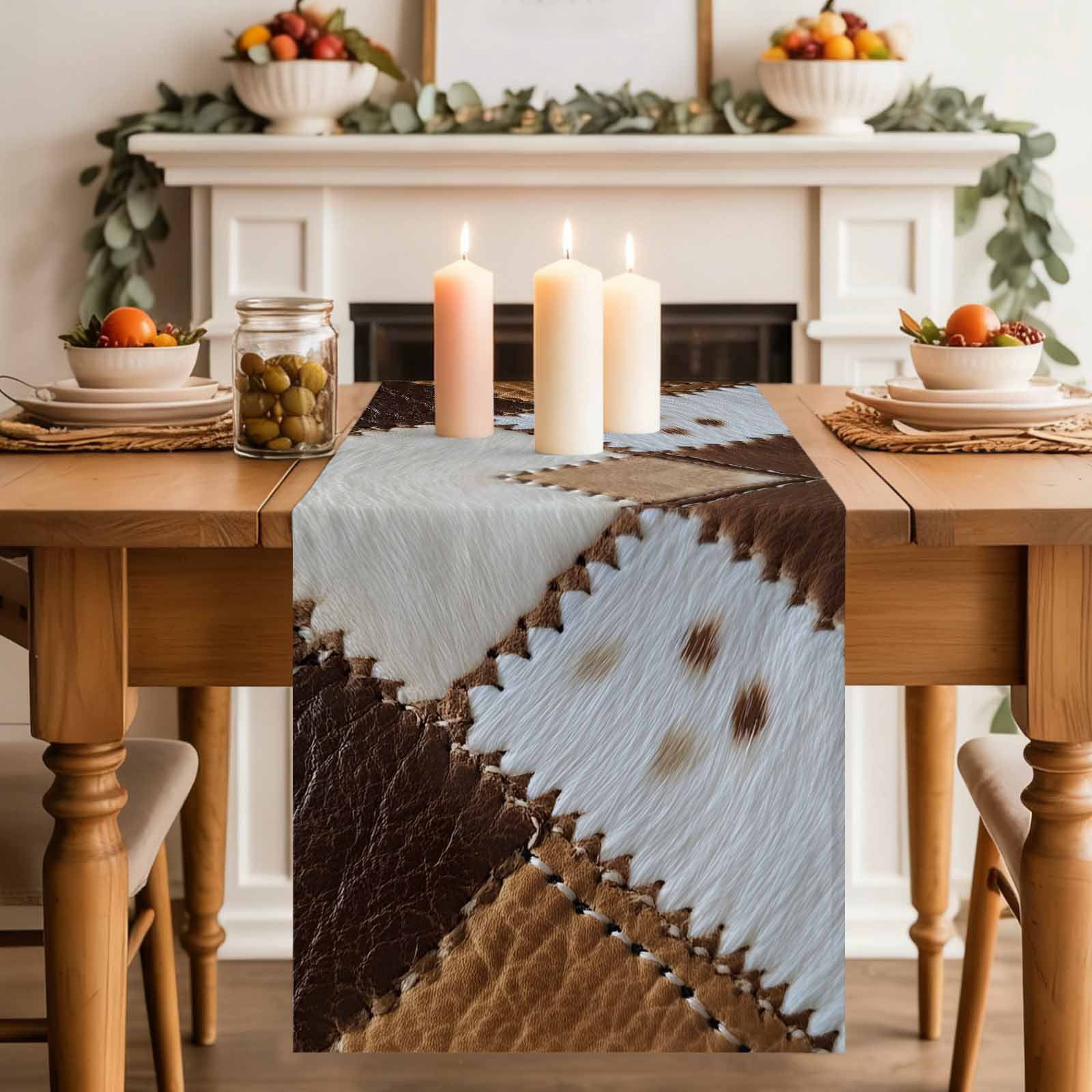 Leather Cowhide Table Runner, Brown White Seam Collage Abstract Art Cotton Linen Kitchen Table Decoration Washable Dining Tabletop Runners for Home Party Decor 18x72 Inches