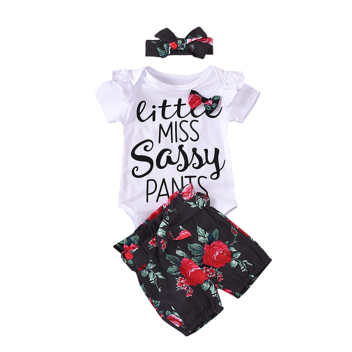 Infant Baby Girls Floral Outfit Set Blessed Print Romper Floral Ruffle Shorts Clothes with Headband